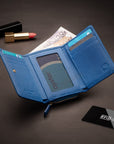 RFID blocking leather tri-fold purse, cobalt, lifestyle