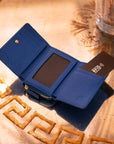 RFID blocking leather tri-fold purse, cobalt, lifestyle view