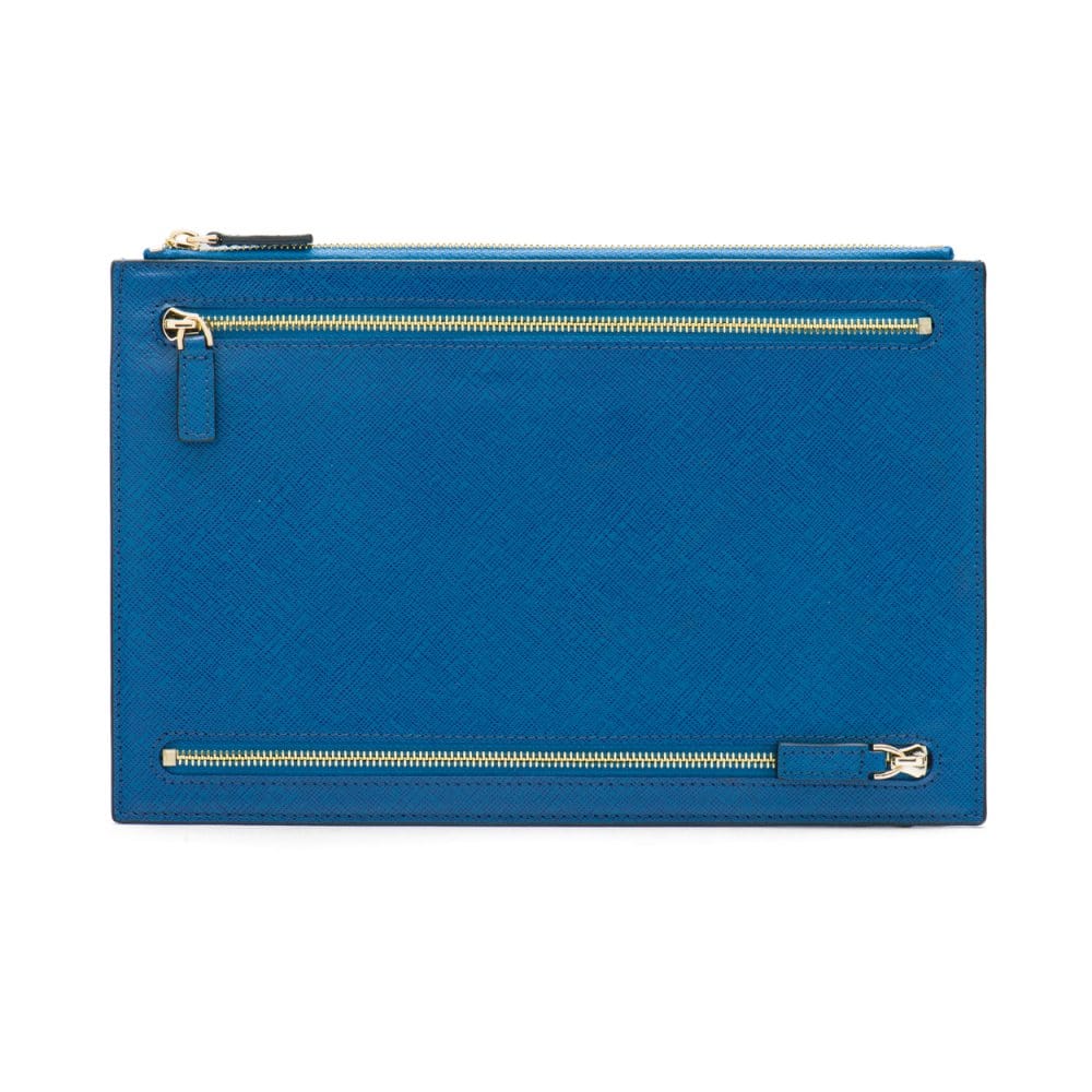 Leather travel document and currency case, cobalt, front