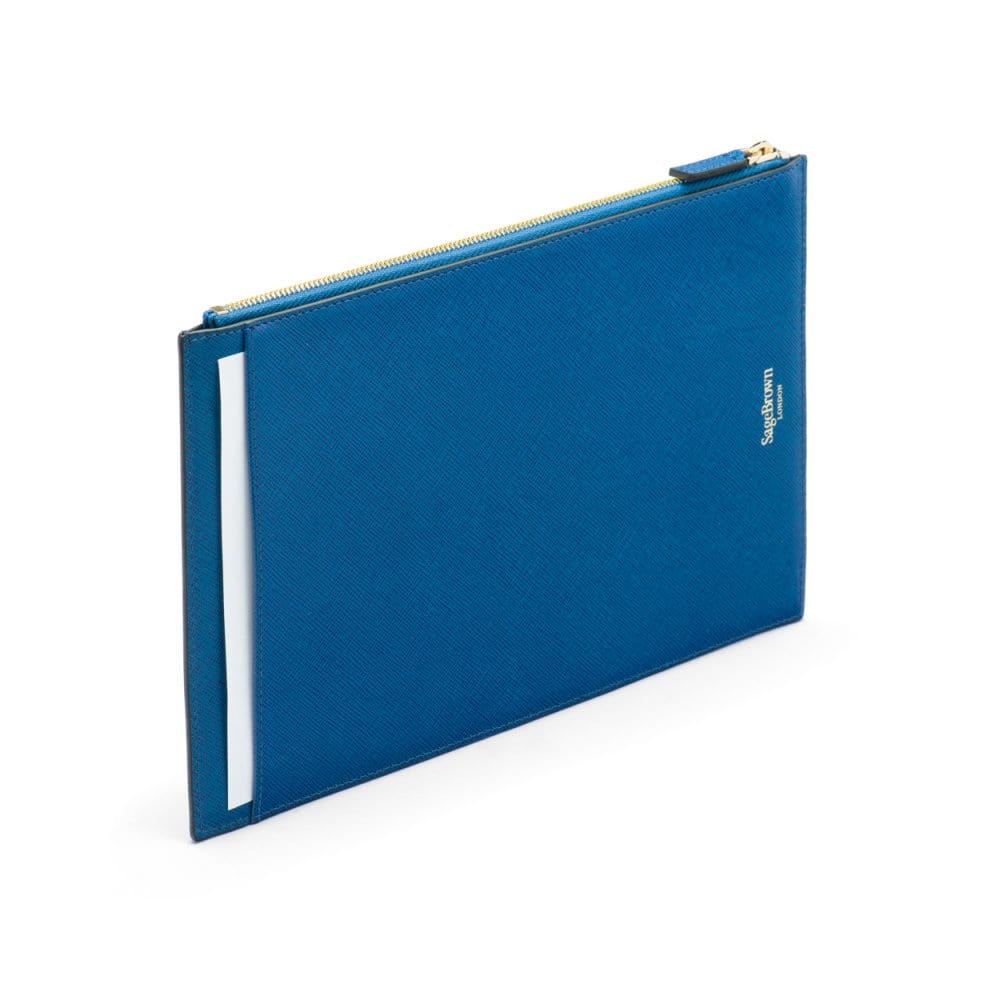 Leather travel document and currency case, cobalt, back