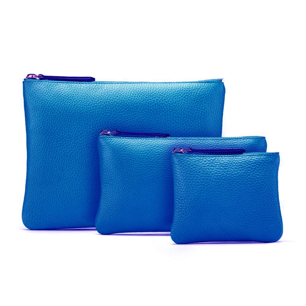 Set of 3 leather makeup pouches, cobalt, all sizes