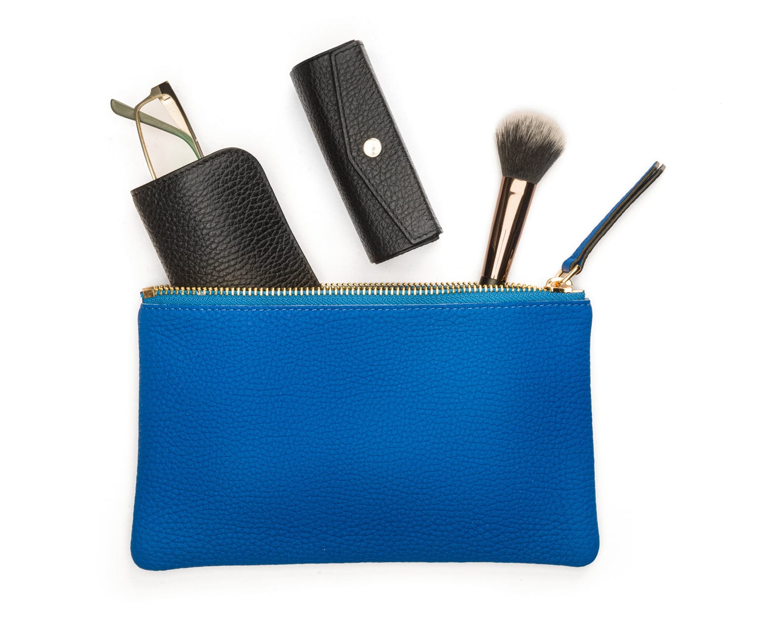 Set of 3 leather makeup pouches,cobalt, medium