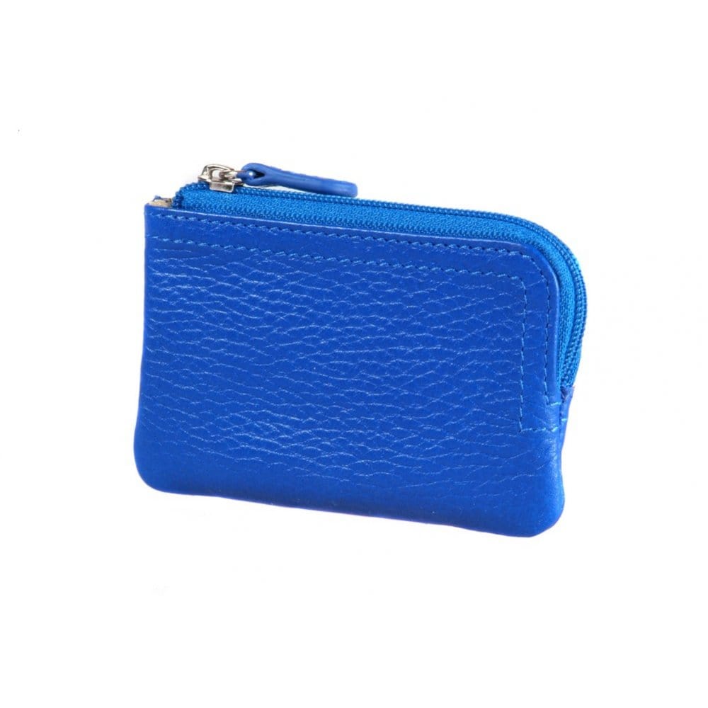 Small leather coin purse with key chain, cobalt, front