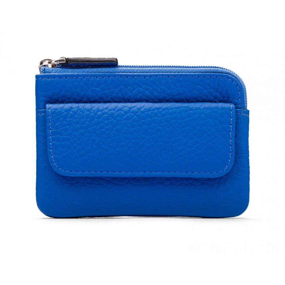 Small leather zip coin purse, cobalt, front