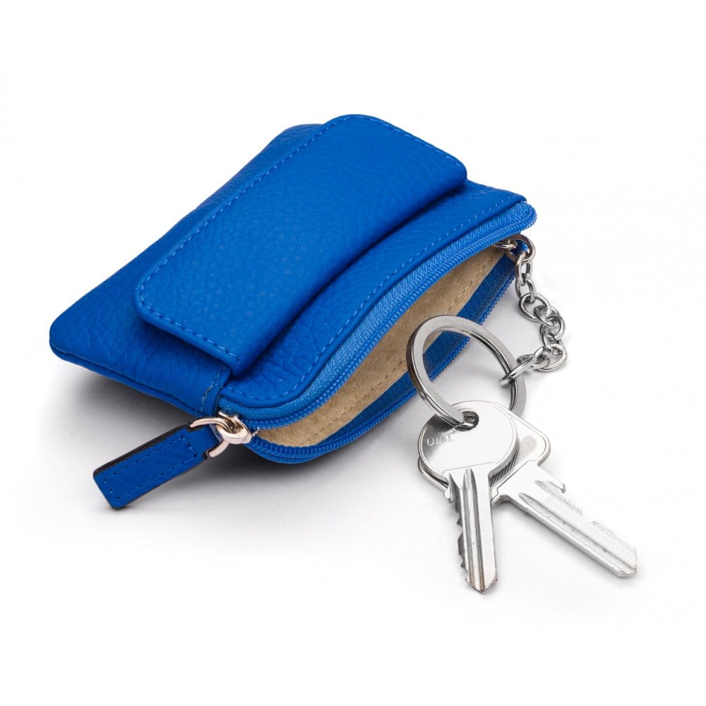 Small leather zip coin purse, cobalt, with key chain