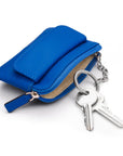 Small leather zip coin purse, cobalt, with key chain