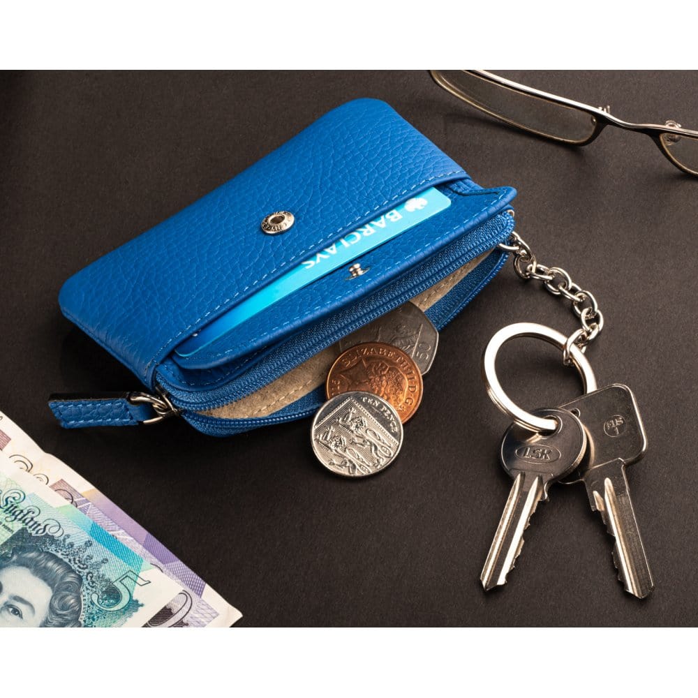 Small leather zip coin purse, cobalt, lifestyle