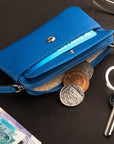 Small leather zip coin purse, cobalt, lifestyle