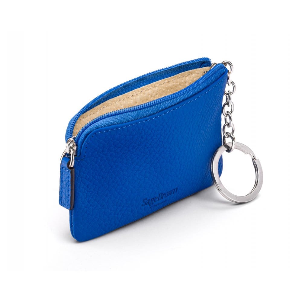 Small leather zip coin purse, cobalt, back