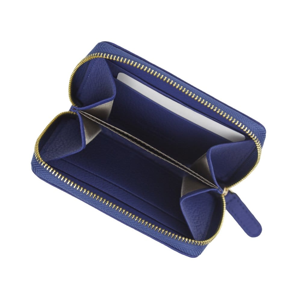 Small leather zip around coin purse, cobalt, open