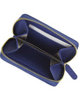 Small leather zip around coin purse, cobalt, open