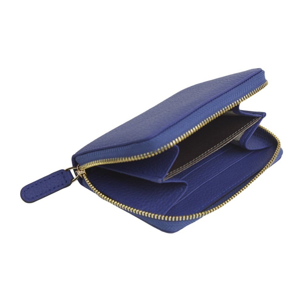 Small leather zip around coin purse, cobalt, open