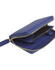 Small leather zip around coin purse, cobalt, open