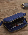 Small leather zip around coin purse, cobalt, lifestyle