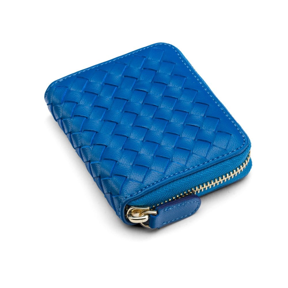 Small zip around woven leather accordion purse, cobalt, front