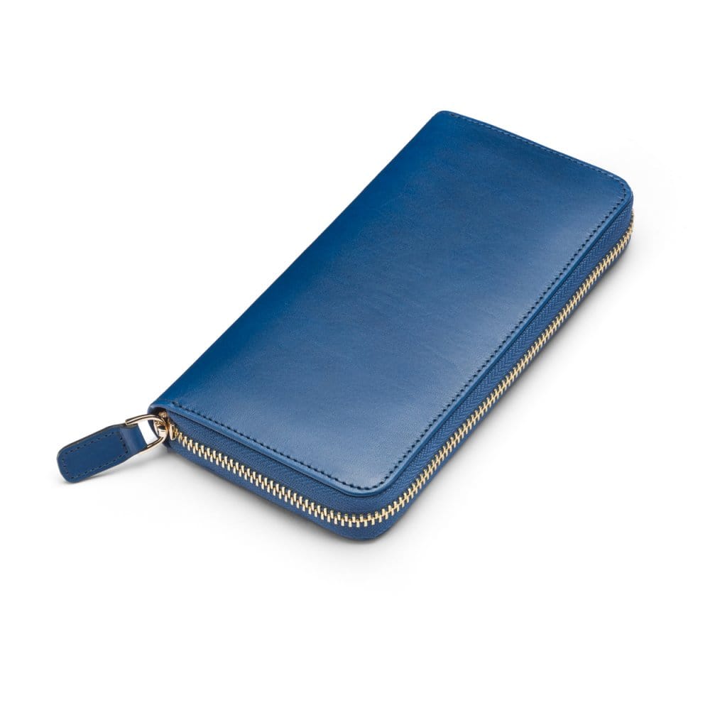 Tall leather zip around accordion purse, cobalt croc, front