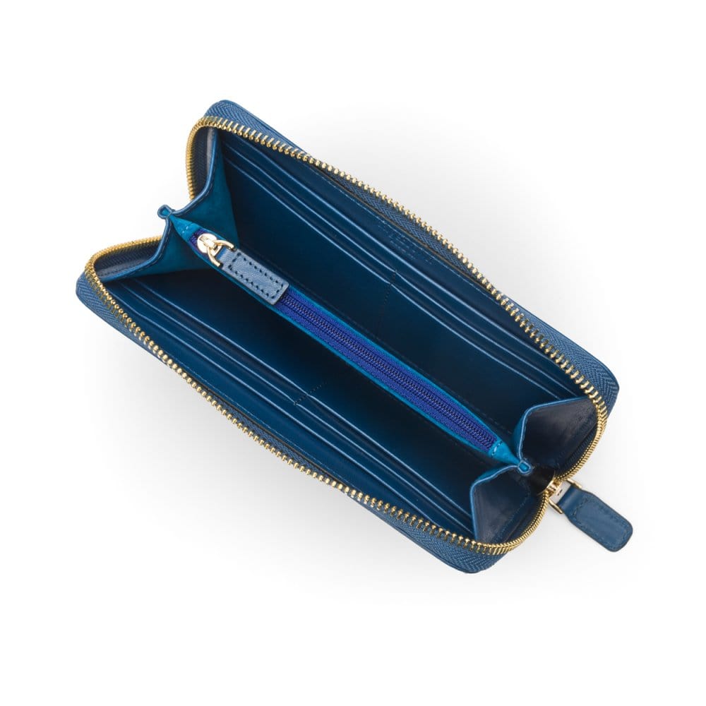 Tall leather zip around accordion purse, cobalt croc, inside