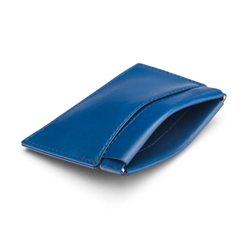 Leather squeeze spring coin purse, cobalt, open