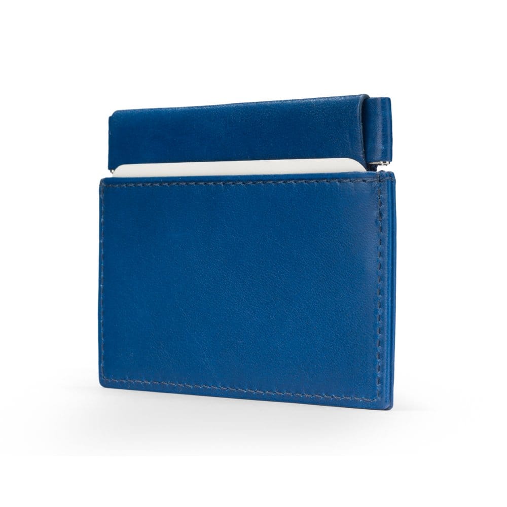 Leather squeeze spring coin purse, cobalt, side