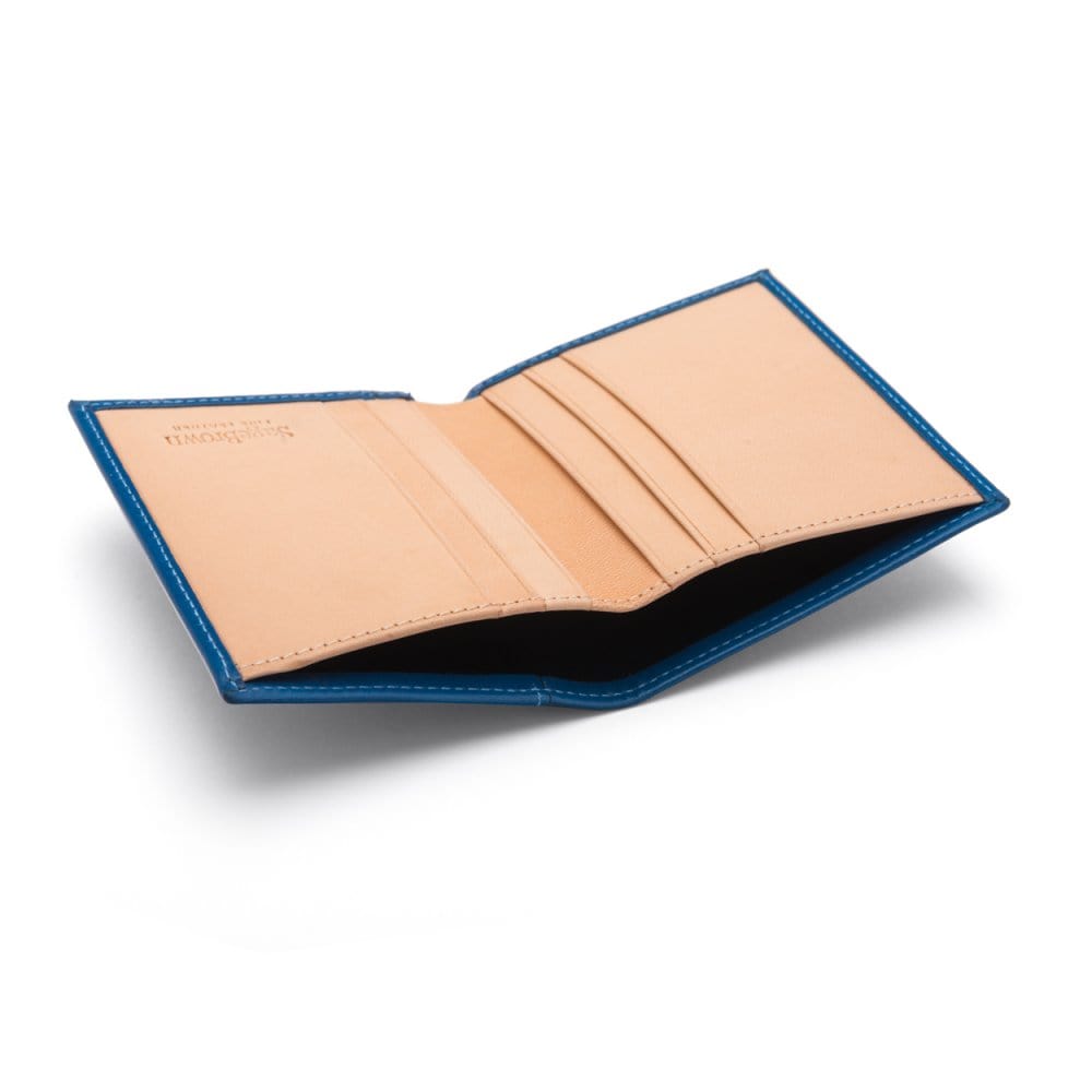 Two tone compact leather billfold wallet with 4 cc, cobalt, open