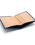 Two tone compact leather billfold wallet with 4 cc, cobalt, open