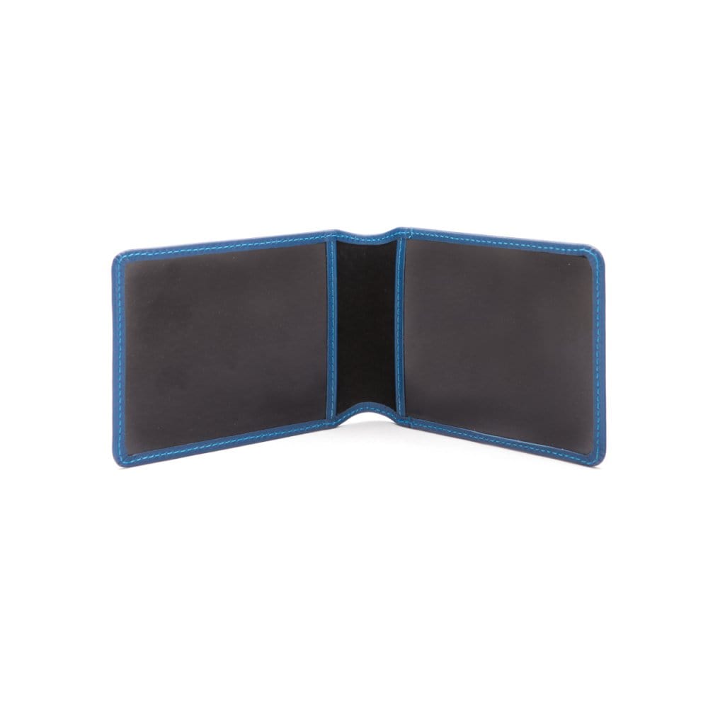 Leather Oyster card holder, cobalt with black, open