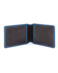 Leather Oyster card holder, cobalt with black, open