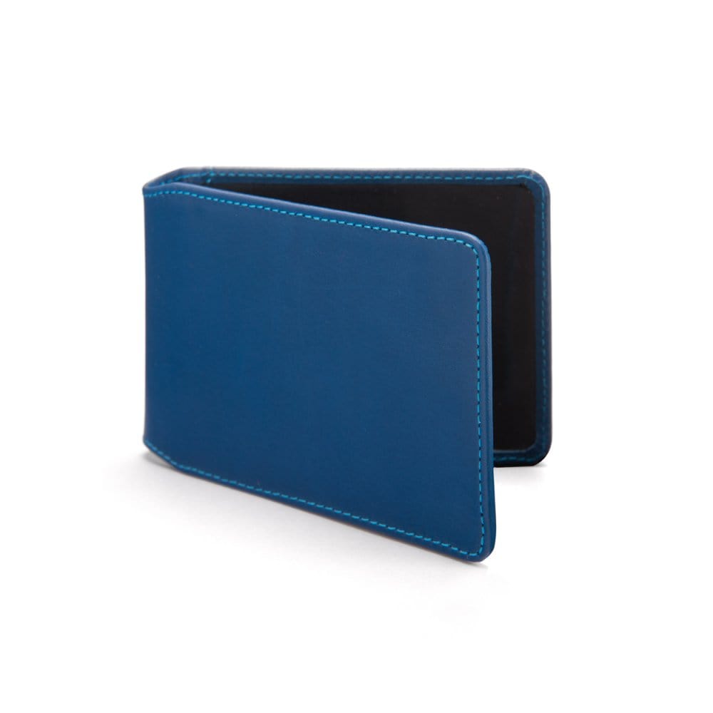 Leather Oyster card holder, cobalt with black, front