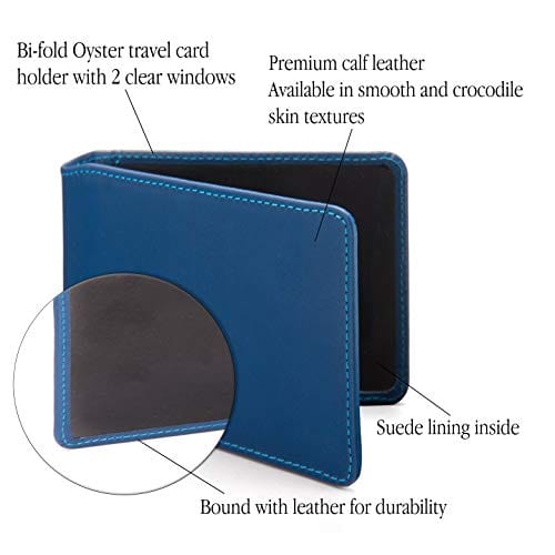 Leather Oyster card holder, cobalt with black, features