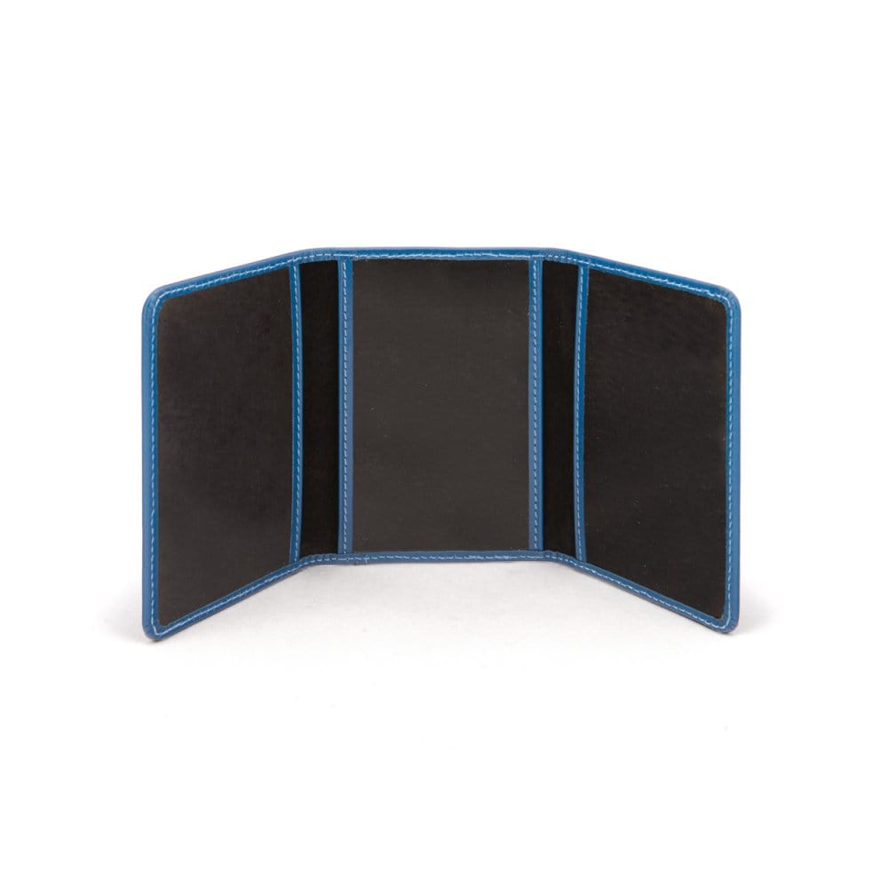 Leather tri-fold travel card holder, cobalt, open