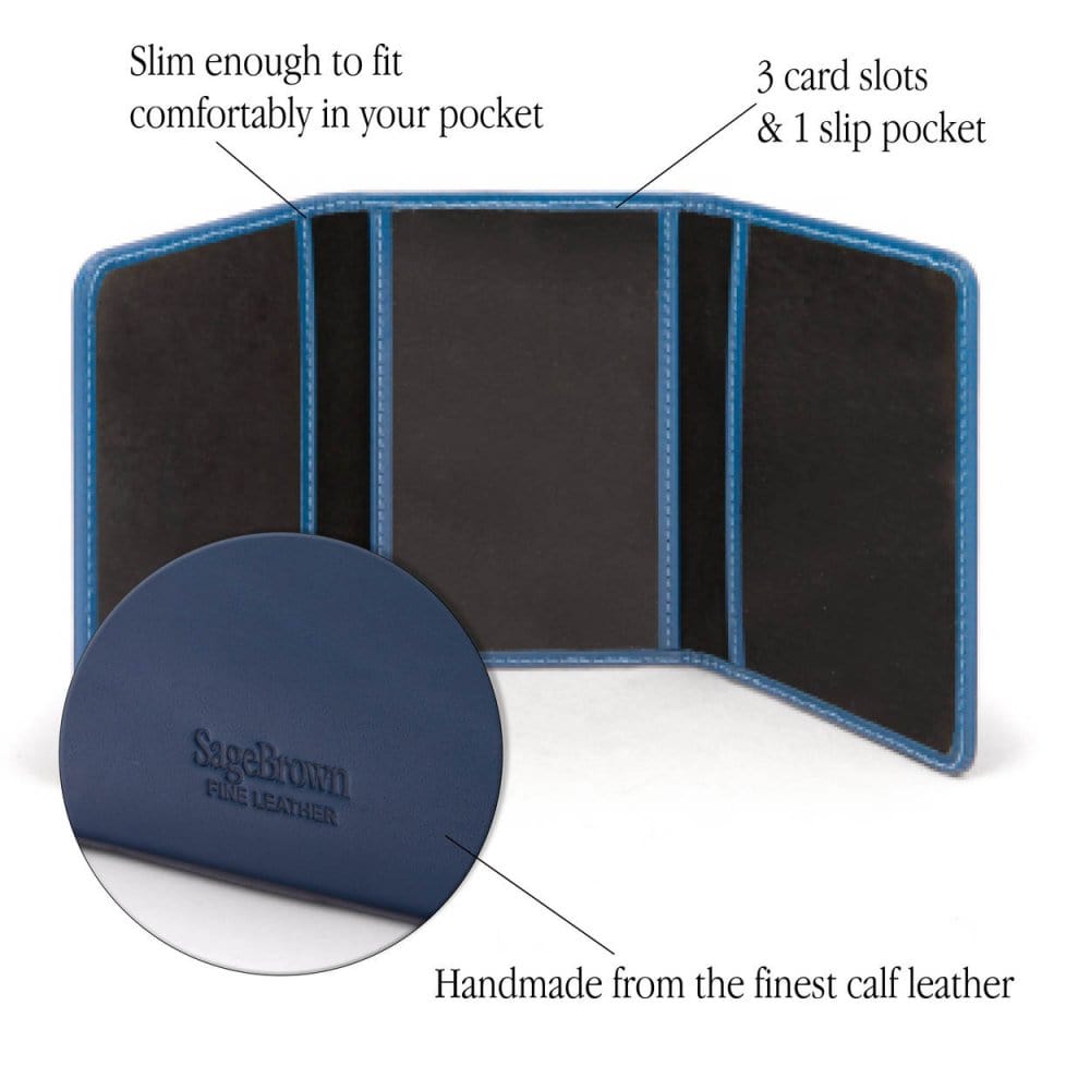 Leather tri-fold travel card holder, cobalt, features