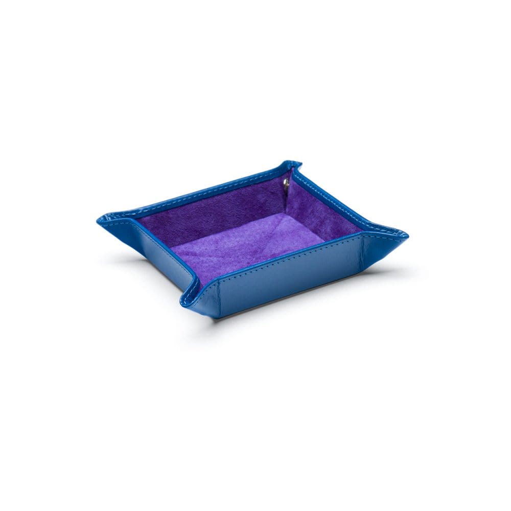 Small leather valet tray, cobalt with purple, front