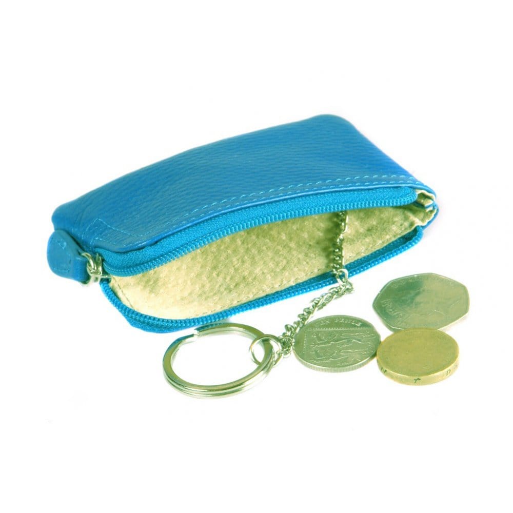 Small leather coin purse with key chain, cornflower blue, inside