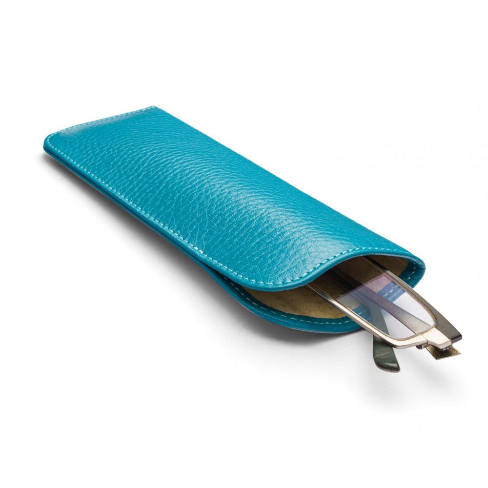 Small leather glasses case, cornflower blue, open