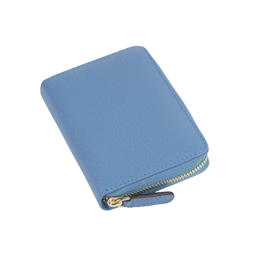 Small leather zip around coin purse, cornflower blue, front
