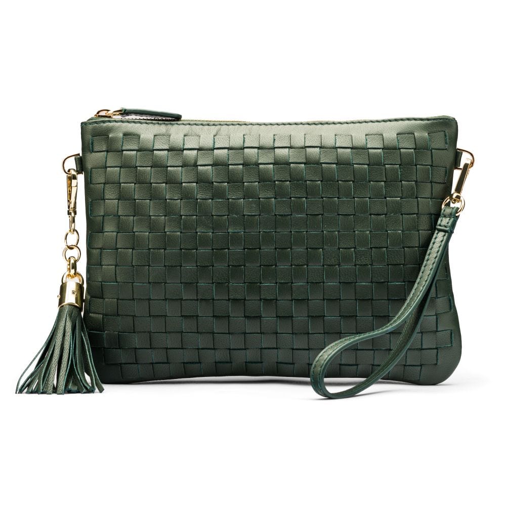 Leather woven cross body bag, green, front view