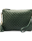 Leather woven cross body bag, green, front view