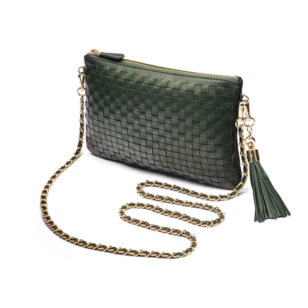 Leather woven cross body bag, green, with chain strap