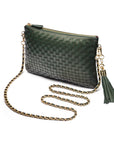 Leather woven cross body bag, green, with chain strap