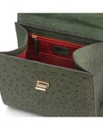 Real ostrich top handle bag, dark green, inside view