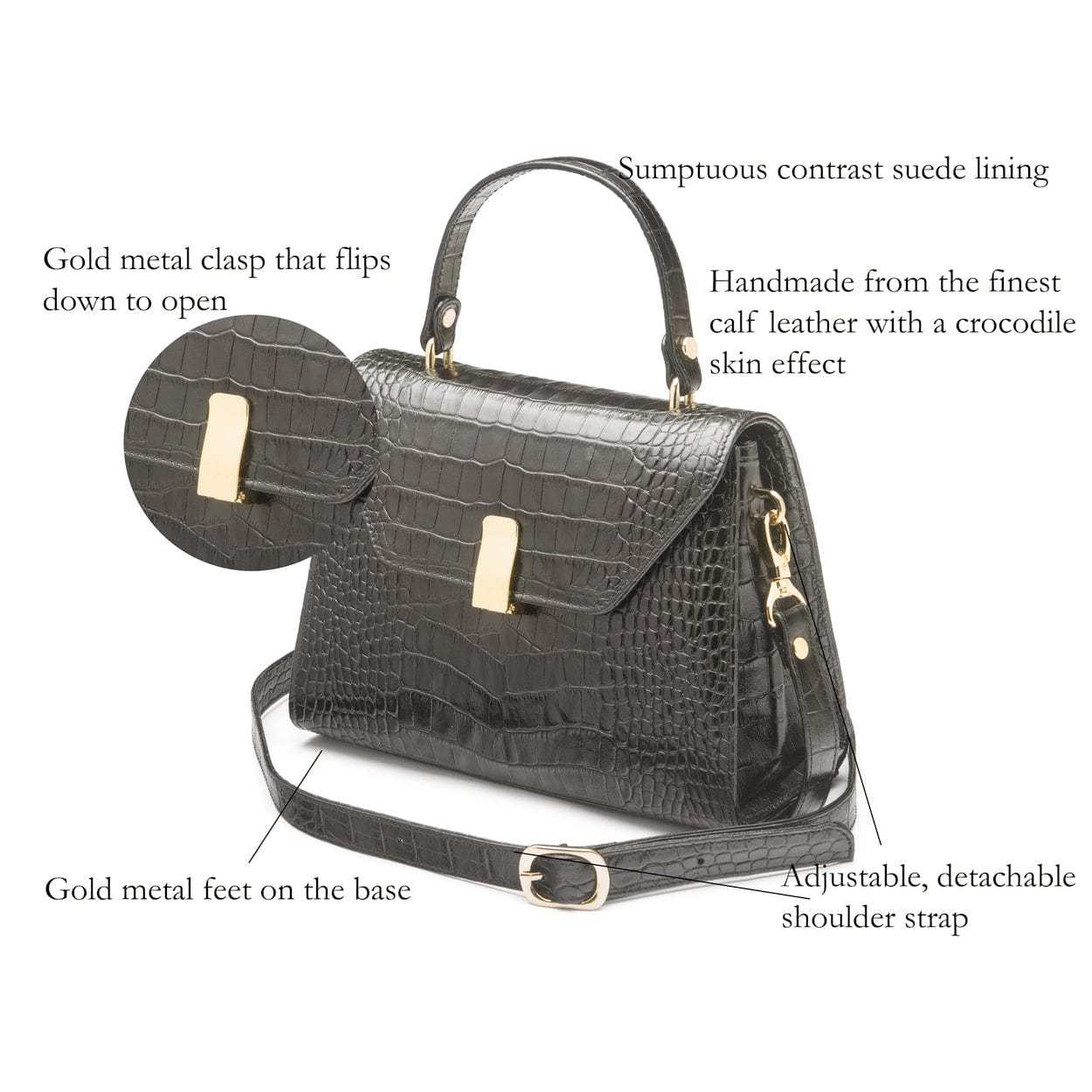 Sabrina top handle bag, dark grey croc leather, features