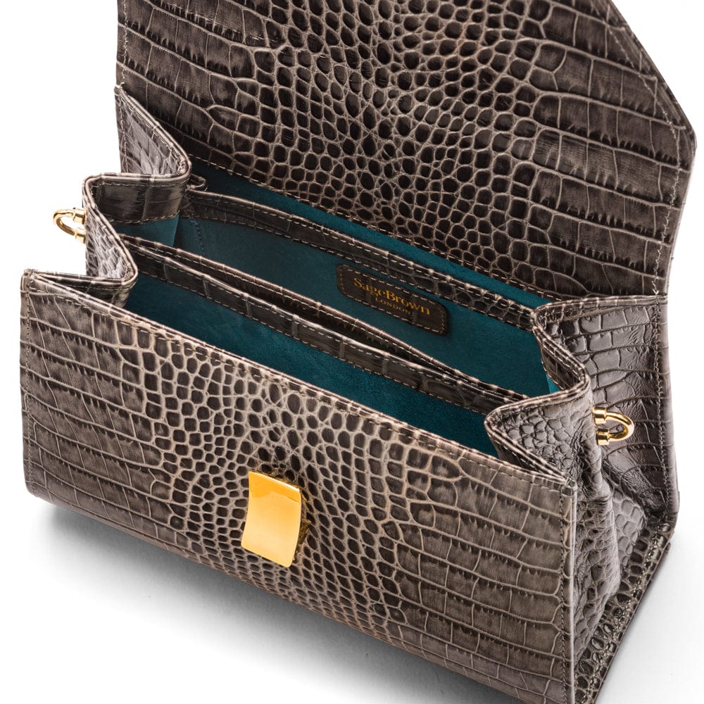 Leather top handle bag, grey croc, inside