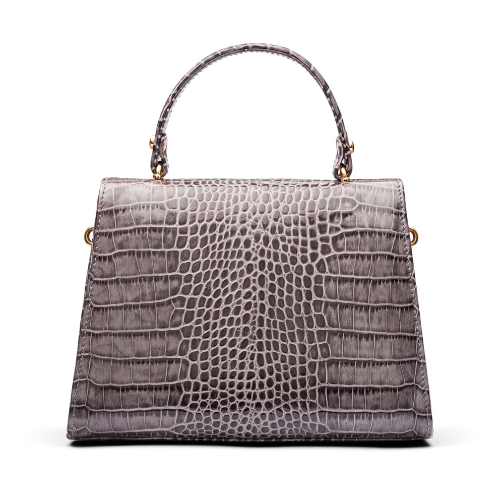 Leather top handle bag, grey croc, back