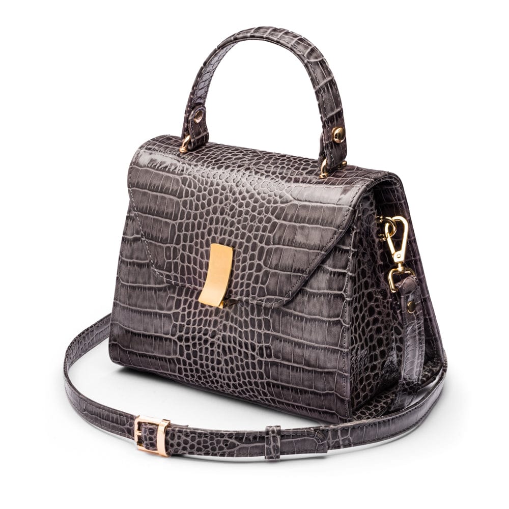 Leather top handle bag, grey croc, side