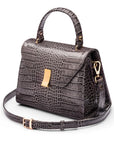 Leather top handle bag, grey croc, side