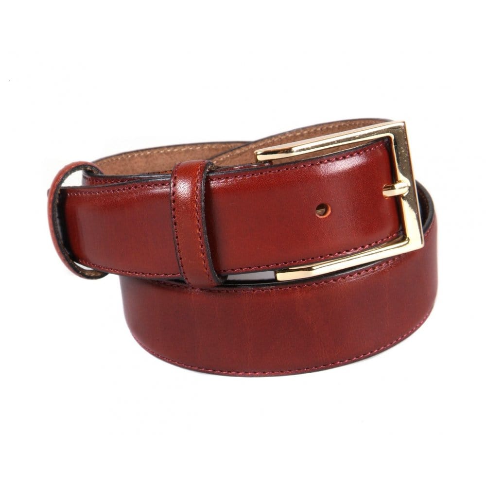 Leather belt with gold buckle, dark tan