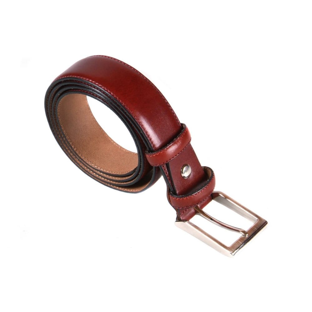 Leather belt with silver buckle, dark tan