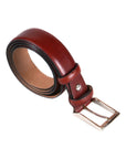 Leather belt with silver buckle, dark tan