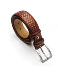 Woven leather belt for men, dark tan