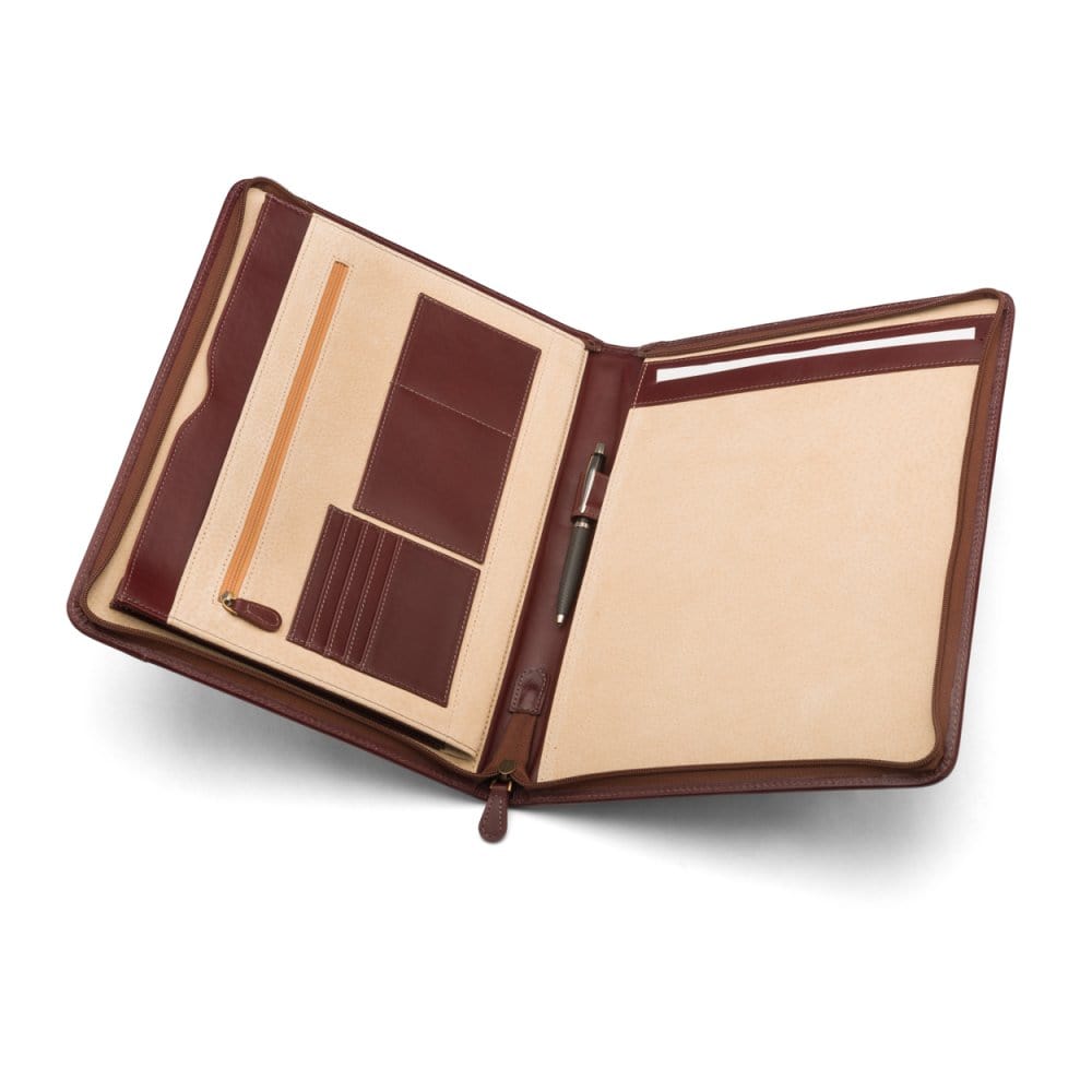 A4 leather notepad folder, dark tan, inside